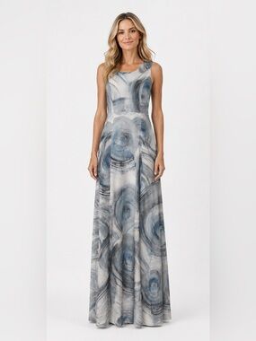 Dolcezza Art Simply 100% Linen Maxi Dress Blue Abstract Swirl Size Small